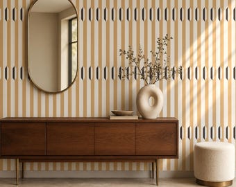 Mid Century Modern Wallpaper, Retro Striped Geometric Pattern, Ochre Brown Wallpaper Roll