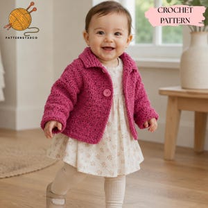 May include: A magenta crochet cardigan with a collared neckline and a single button closure, worn over a cream-colored dress with a small floral pattern and light-colored leggings. The image includes the text CROCHET PATTERN and PATTERNSTARCO.