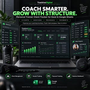May include: A digital personal trainer client tracker for Excel and Google Sheets by TrackivoDigital. The screen displays a dashboard with client lists, payment trackers, and progress charts in green and black. Includes a shaker bottle and pen.