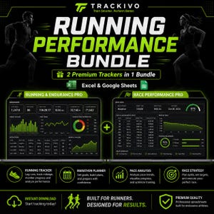 May include: A digital running performance bundle featuring two trackers for Excel and Google Sheets. The display shows a dashboard with running metrics, pace analysis, and race planning tools, highlighted by neon green text and graphics on a black background.