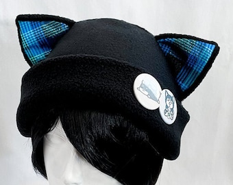 Cat Kitty Fleece Hat  Anime Cosplay (Blue Plaid Glitter Ears)