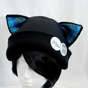 Cat Kitty Fleece Hat Anime Cosplay Blue Plaid Glitter Ears image 1