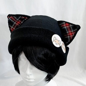 Cat Kitty Fleece Hat  Anime Cosplay Punk JRock  (Nippon Banzai Red Plaid Ears)