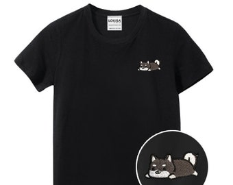 Relaxing Black Shiba Inu Embroidered T-Shirt