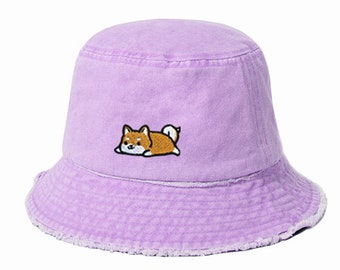 Relaxing Shiba Inu Distressed Bucket Hat - Lavender