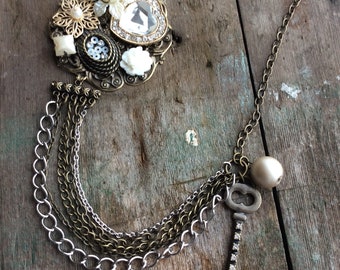 Flower and Key Necklace, Statement necklace, Victorian necklace, Edwardian