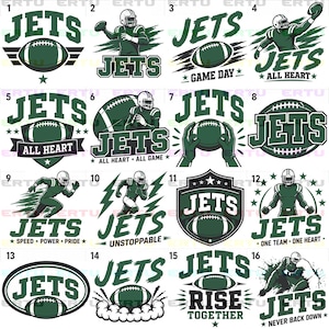 May include: A collection of sixteen graphic designs featuring the word JETS in dark green block letters, accompanied by illustrations of football players, footballs, and various slogans like ALL HEART, GAME DAY, and NEVER BACK DOWN.