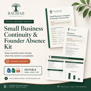 Op de afbeelding: Een digitale zakelijke toolkit getiteld Small Business Continuity & Founder Absence Kit van Baobab Advisory Group. De set bevat gedrukte documenten voor bedrijfsprofielen, noodcommunicatiescripts en een dashboard voor continuïteitsgereedheid.
