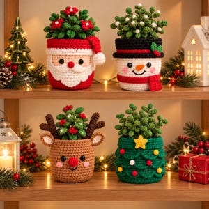 Christmas Crochet Planter Pots Pattern PDF, Santa Snowman Reindeer Christmas Tree Crochet Cover, Amigurumi Holiday Decor