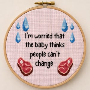 Può includere: Un telaio da ricamo circolare in legno contenente tessuto Aida rosa chiaro con il testo nero ricamato a punto croce I'm worried that the baby thinks people can't change, circondato da icone di gocce d'acqua blu e due icone di bistecche crude.
