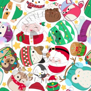 May include: A seamless pattern featuring a variety of cute Christmas characters, including a snowman, Santa Claus, a gingerbread person, a reindeer, a penguin, a cat, a Christmas tree, and a Christmas pudding. The characters are all wearing festive attire and have smiling faces.