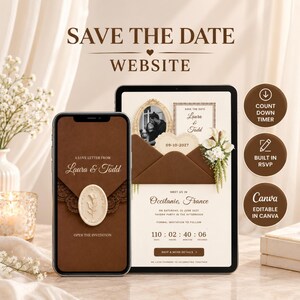 Mall för webbplats för bröllopshemsida med espressobrunt och elfenbensfärgat blommigt "Save the Date"-motiv | OSA och nedräkning | Redigerbar i Canva | Direktnedladdning