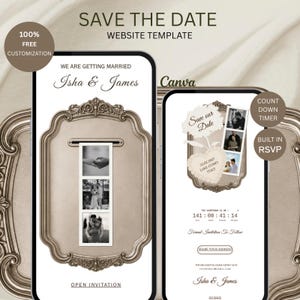 May include: A digital save the date website template for mobile devices featuring a vintage-style ornate bronze frame, photo strips of a couple, and text including "Isha & James," "Save our Date," "Lake Como Italy," and "Open Invitation."