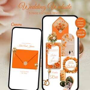 Burnt Orange Wedding Website Template | Terracotta Fall Invitation with RSVP & Countdown Timer | Editable Canva Instant Download