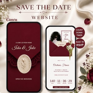 May include: Two smartphones displaying a digital wedding save the date website. The left screen shows a deep red envelope with a cream-colored wax seal featuring a flower. The right screen displays event details, a countdown timer, and RSVP.