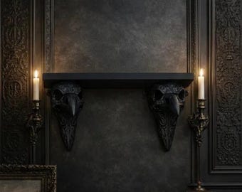 Raven Skull Wall Shelf – Alchemy Decor | Gothic Apothecary Shelf | Dark Academia Wall Display | Witchy Home Decor