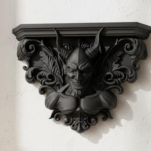 May include: A matte black wall-mounted shelf featuring a central sculpted figure of a horned demon with a pointed beard and bared teeth, surrounded by intricate, symmetrical acanthus leaf scrollwork and a flat, rectangular top surface.