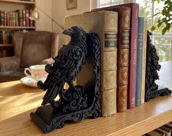Gothic Raven Baroque Poe Bookends Art | Raven Bookends | Edgar Allan Poe Inspired Decor | Dark Academia Bookshelf Decor