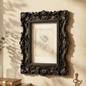 May include: A rectangular wall-mounted picture frame with a dark matte finish and intricate, ornate scrollwork carvings. The frame contains a light-coloured mat board surrounding a central sketch of a single rose blossom with leaves and a stem.