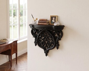 Ornate Baroque Console – Ebony Lace Shelf | Gothic Wall Shelf | Victorian Display Shelf | Dark Academia Decor
