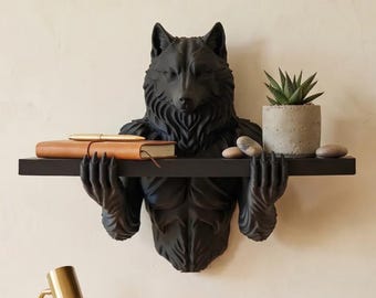Black Wolf Console - The Forest Guardian Art | Gothic Wolf Wall Shelf | Dark Forest Decor | Fantasy Display Shelf