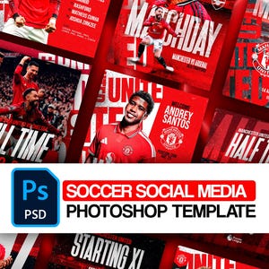May include: A digital soccer social media Photoshop template featuring multiple red-themed graphic layouts for Manchester United. The design includes player imagery, team logos, matchday information, starting XI lists, and text elements like Matchday and Starting XI.