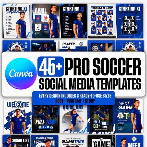 45+ Pro Soccer Social Media Canva Graphics, Editable Banners Templates (Digital Download)