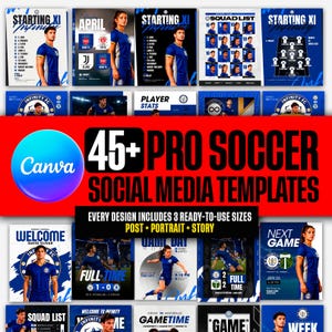 Può includere: Una collezione di oltre 45 modelli per social media dedicati al calcio professionistico con design blu e bianchi. I modelli includono layout per formazioni iniziali, statistiche dei giocatori e risultati delle partite.