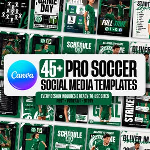 Può includere: Una raccolta di oltre 45 modelli per social media dedicati al calcio professionistico, caratterizzati da tonalità verdi e bianche. I design includono layout per giorni di gara, calendari, profili giocatori e risultati, con logo Canva e testo.