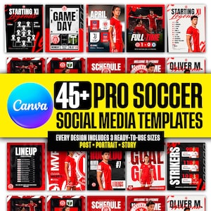 May include: A collection of 45+ professional soccer social media templates featuring red and black graphic designs. The layouts include starting lineups, game day announcements, player profiles, and match results with text overlays and placeholders.