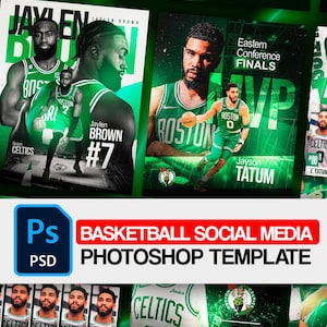 Może przedstawiać: Cyfrowy szablon Photoshop do grafik w mediach społecznościowych o tematyce koszykarskiej, przedstawiający graczy Boston Celtics, Jaylena Browna i Jaysona Tatuma w zielonych strojach, z napisami Eastern Conference Finals, MVP oraz logo Boston Celtics.