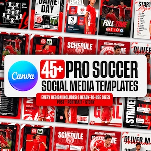 May include: A collection of 45+ pro football social media templates featuring red and white graphic designs. The templates include layouts for match day schedules, player profiles, and match results, with the Canva logo and text displayed prominently.