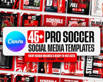 May include: A collection of 45+ pro football social media templates featuring red and white graphic designs. The templates include layouts for match day schedules, player profiles, and match results, with the Canva logo and text displayed prominently.