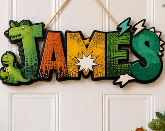 Personalized Dinosaur Name Sign Custom Wooden Door Plaque Kids Nursery Wall Hanging Dino Boy Room Decor Birthday Gift