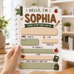 Hallo, ik ben een gepersonaliseerd naambordje voor een studenteninterview (jongen/meisje), een aandenken aan het schooljaar, een herinnering voor de kleuterschool, een uitwisbare decoratie.