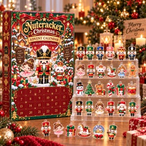 May include: A Nutcracker Christmas advent calendar box with 24 numbered doors and a collection of 24 acrylic character charms displayed on a clear tiered stand. The charms feature festive designs including nutcrackers, dancers, and holiday icons.