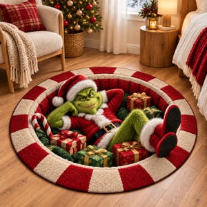 Grinch Christmas Round Rug, Funny Grinch Santa 3D Carpet, Christmas Gift Rug, Red White Holiday Floor Mat, Xmas Living Room Decor