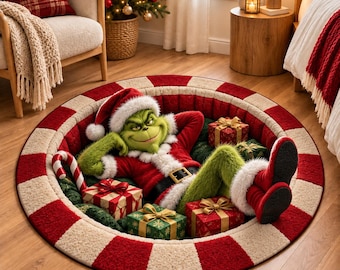 Green Christmas Round Rug, Funny Grin Santa 3D Carpet, Christmas Gift Rug, Red White Holiday Floor Mat, Xmas Living Room Decor