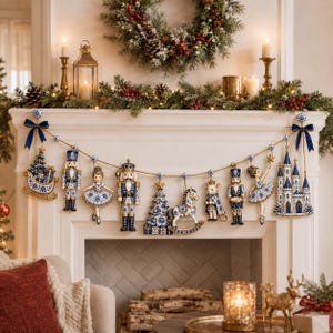 Könnte beinhalten: Eine dekorative Girlande mit einer Reihe hängender Ornamente in blau-weißen Mustern, darunter Nussknacker, eine Ballerina, eine Maus, ein Schaukelpferd, ein Weihnachtsbaum, ein Schlitten und ein Schloss, verbunden durch eine goldfarbene Kordel.