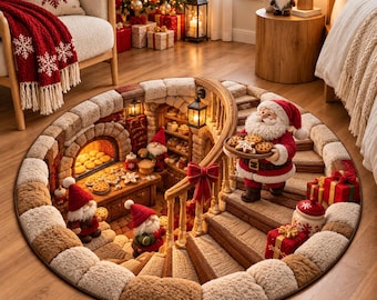 Könnte beinhalten: Ein runder Teppich mit einer 3D-Illustration einer gemütlichen unterirdischen Werkstatt mit Steinwänden, einem Kamin und einer Holztreppe. Mehrere Weihnachtsmannfiguren in roten Anzügen sind zu sehen, eine davon hält ein Tablett mit Keksen.