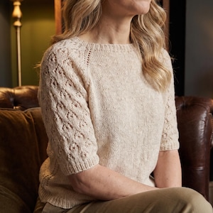 Lace Sweater Knitting Pattern PDF, Short Sleeve Top Down Raglan Pullover, DK Yarn, Digital Download