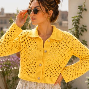 Openwork Scallop Mesh Cardigan Crochet Pattern PDF, Lace Button-Up Sweater, Collared Cardigan, XS-5XL, Instant Digital Download