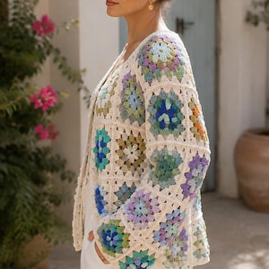 Granny Square Cardigan Crochet Pattern PDF | Boho Colorful Motif Sweater Jacket | Easy Digital Download | Women S-3XL | Instant PDF