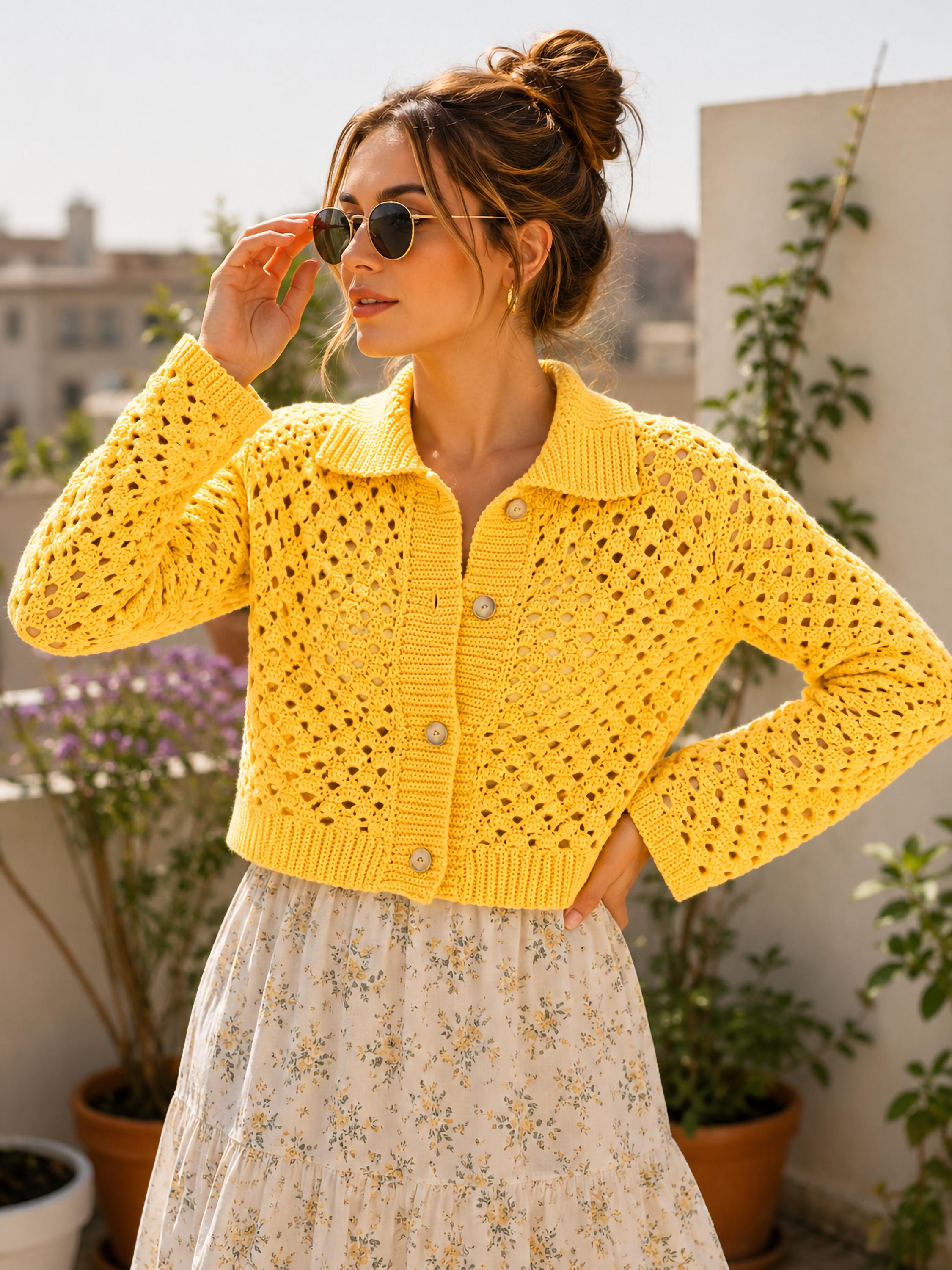Openwork Scallop Mesh Cardigan Crochet Pattern PDF, Lace Button-up