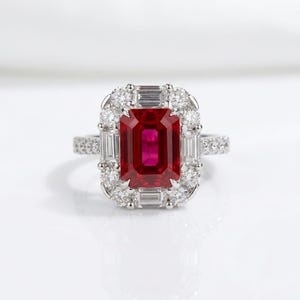 Engagement Ring, Statement Gemstone Ring, Emerald Cut Ruby Halo Ring, Vintage Ruby Art Deco Inspired Promise Ring, Anniversary Gift for Her
