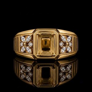 May include: A gold ring featuring a central rectangular setting without a stone, flanked by two floral motifs on each side. Each floral design consists of four marquise-cut clear stones arranged around a small round clear stone, set in polished gold.