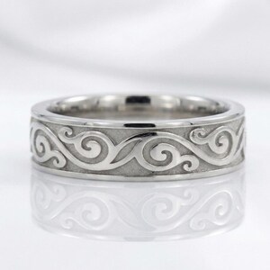 Celtic Scroll Wedding Band, Silver Wave Pattern Ring, Unisex Scrollwork Band, Textured Ocean Wave, Unique Engagement Band Ocean Textured