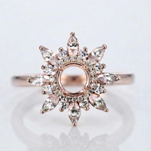 Floral Semi Mount Ring, Vintage Flower Engagement Ring Setting, Marquise Side Stone Ring, Halo Gemstone Ring Mount, Custom Bridal Ring Gift