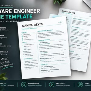 May include: A software engineer resume template featuring a clean, professional layout with sections for contact information, professional summary, work experience, skills, key projects, and education. The document includes the name Daniel Reyes.