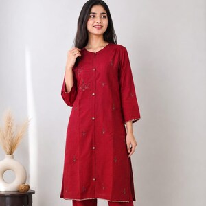Mulberry Silk Kurta for Women | Rust Red Long Kurti | Hand Embroidered Indian Ethnic Tunic | 3/4 Sleeve Festival Wear | Custom Size Kurta